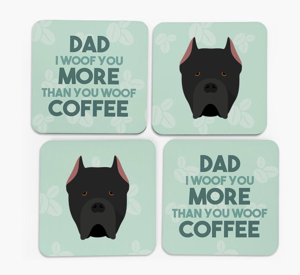 'Dad I woof you more than you woof coffee' Coasters with {breedFullName} Icon