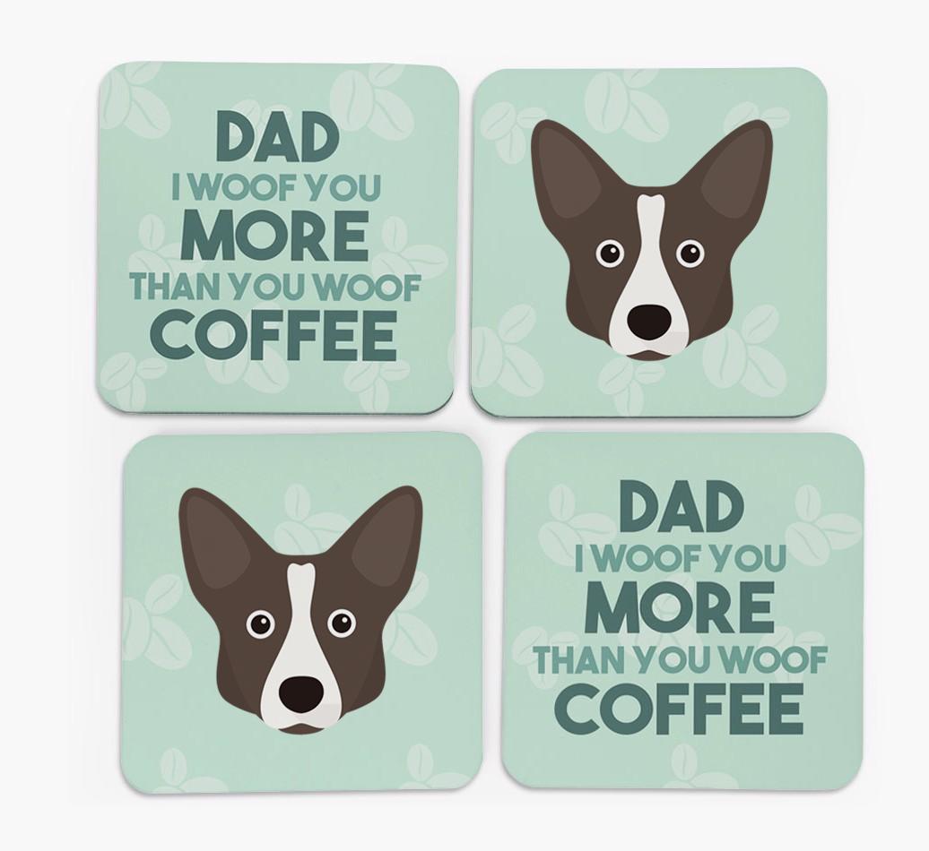 'Dad I woof you more than you woof coffee' Coasters with {breedFullName} Icon