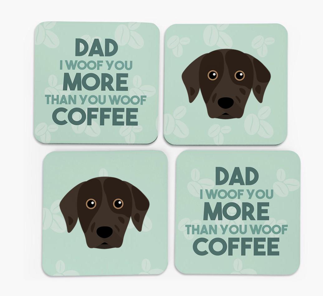 'Dad I woof you more than you woof coffee' Coasters with {breedFullName} Icon