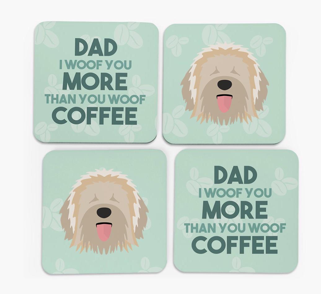 'Dad I woof you more than you woof coffee' Coasters with {breedFullName} Icon
