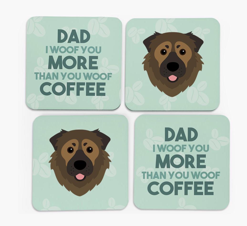 'Dad I woof you more than you woof coffee' Coasters with {breedFullName} Icon