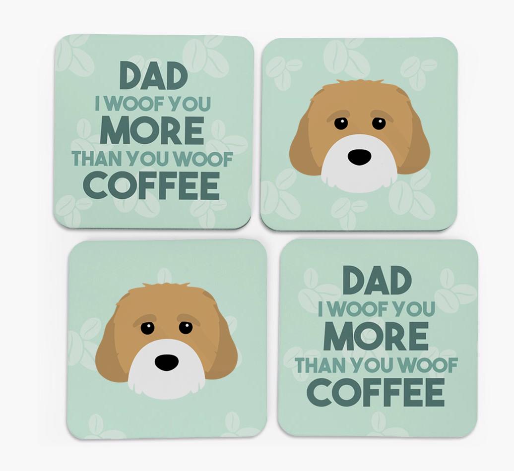 'Dad I woof you more than you woof coffee' Coasters with {breedFullName} Icon