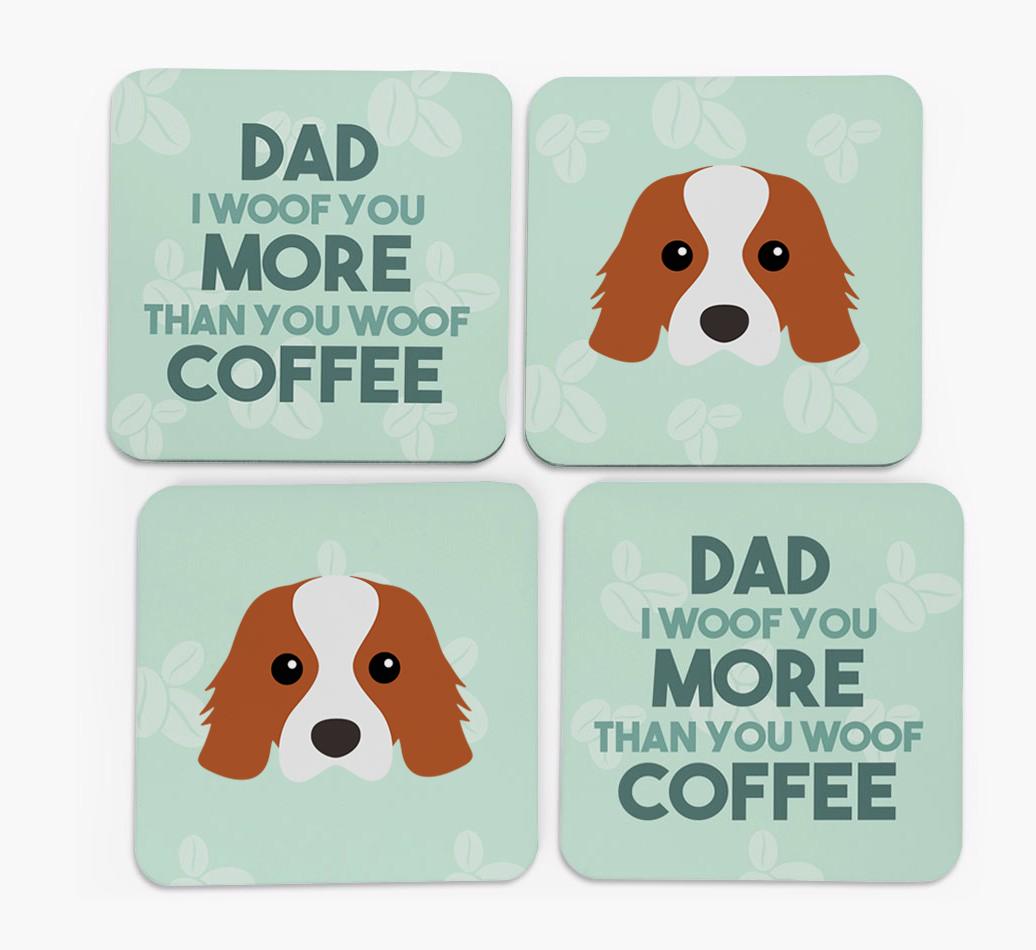 'Dad I woof you more than you woof coffee' Coasters with {breedFullName} Icon