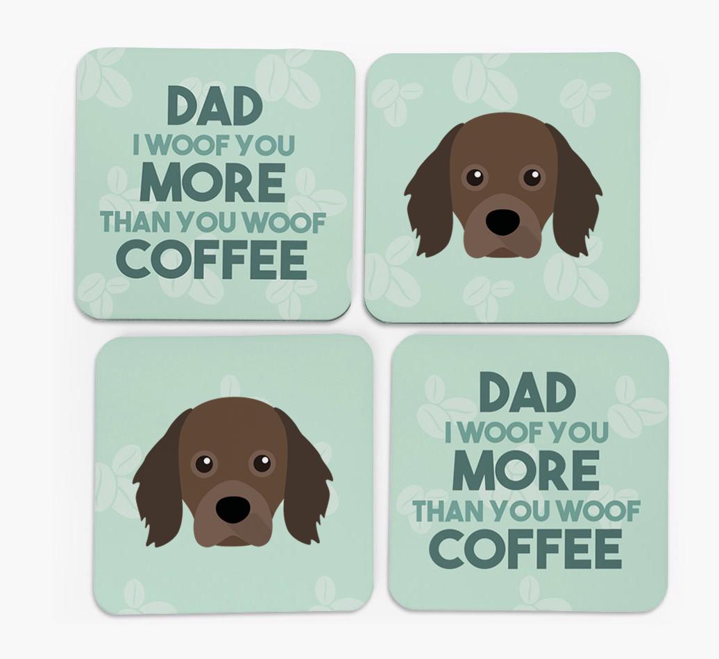 'Dad I woof you more than you woof coffee' Coasters with {breedFullName} Icon