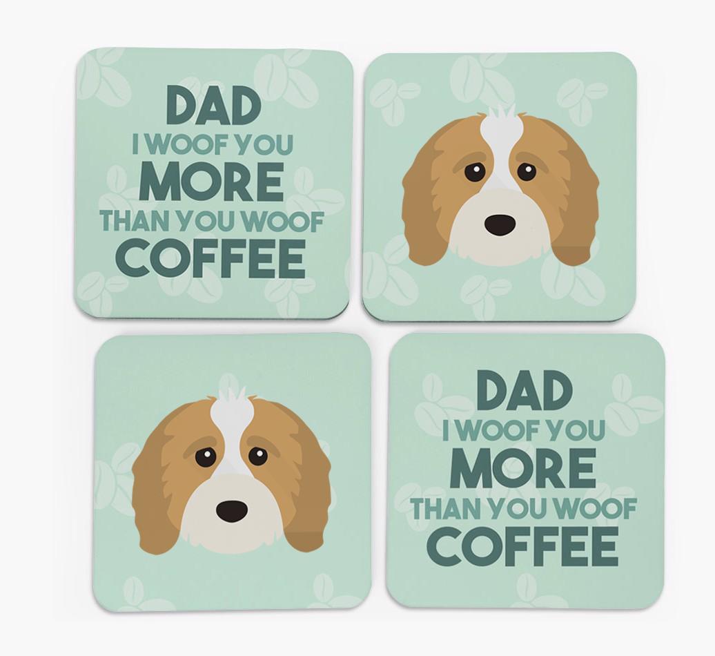 'Dad I woof you more than you woof coffee' Coasters with {breedFullName} Icon