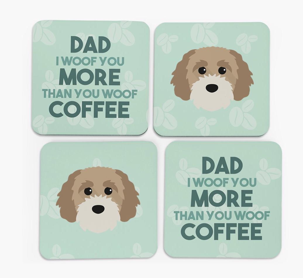 'Dad I woof you more than you woof coffee' Coasters with {breedFullName} Icon