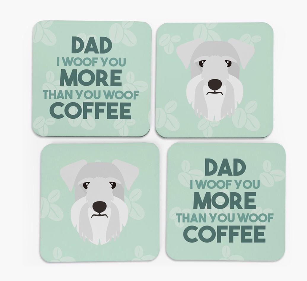 'Dad I woof you more than you woof coffee' Coasters with {breedFullName} Icon