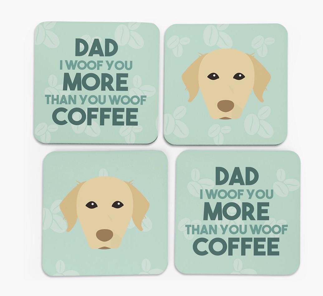 'Dad I woof you more than you woof coffee' Coasters with {breedFullName} Icon