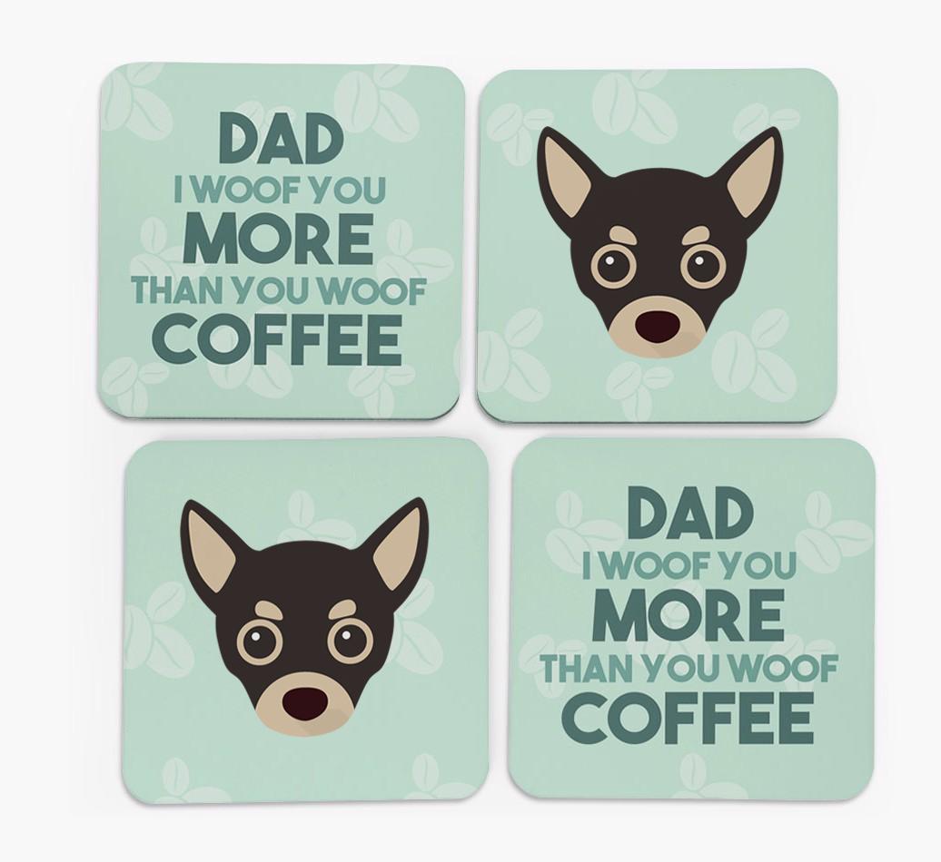 'Dad I woof you more than you woof coffee' Coasters with {breedFullName} Icon