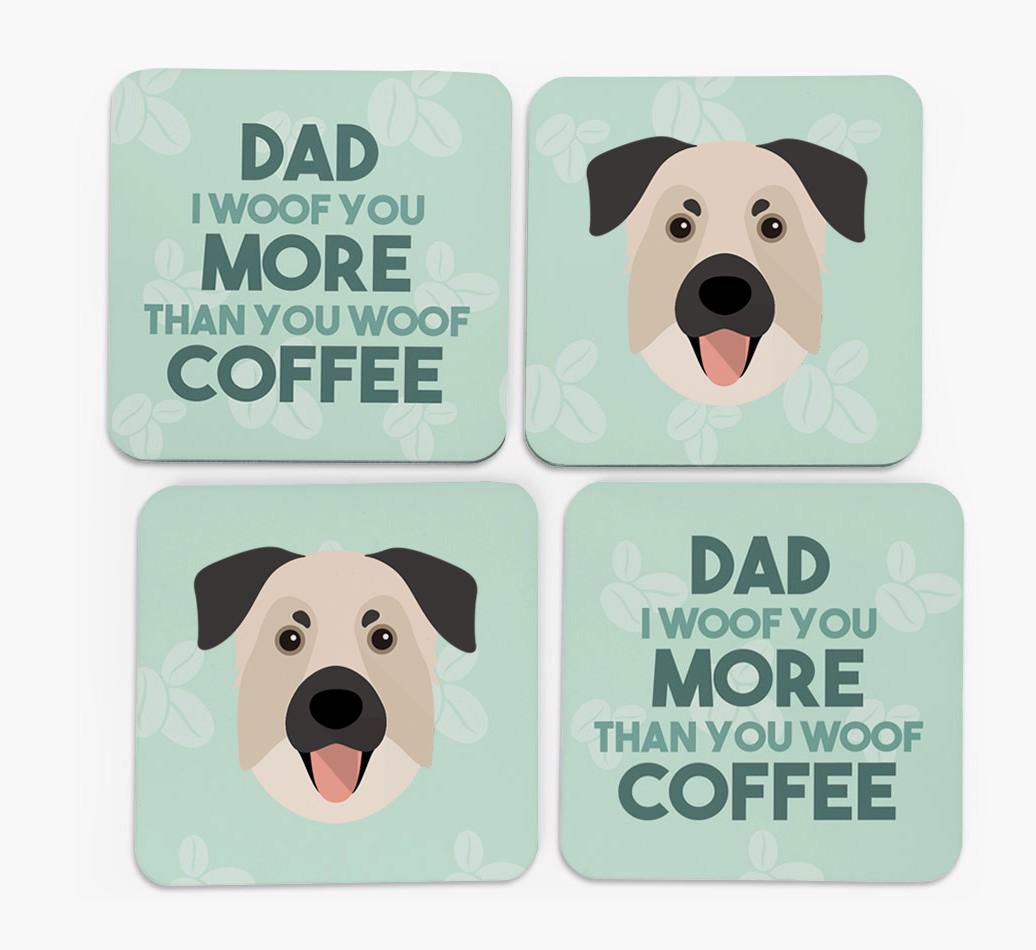 'Dad I woof you more than you woof coffee' Coasters with {breedFullName} Icon