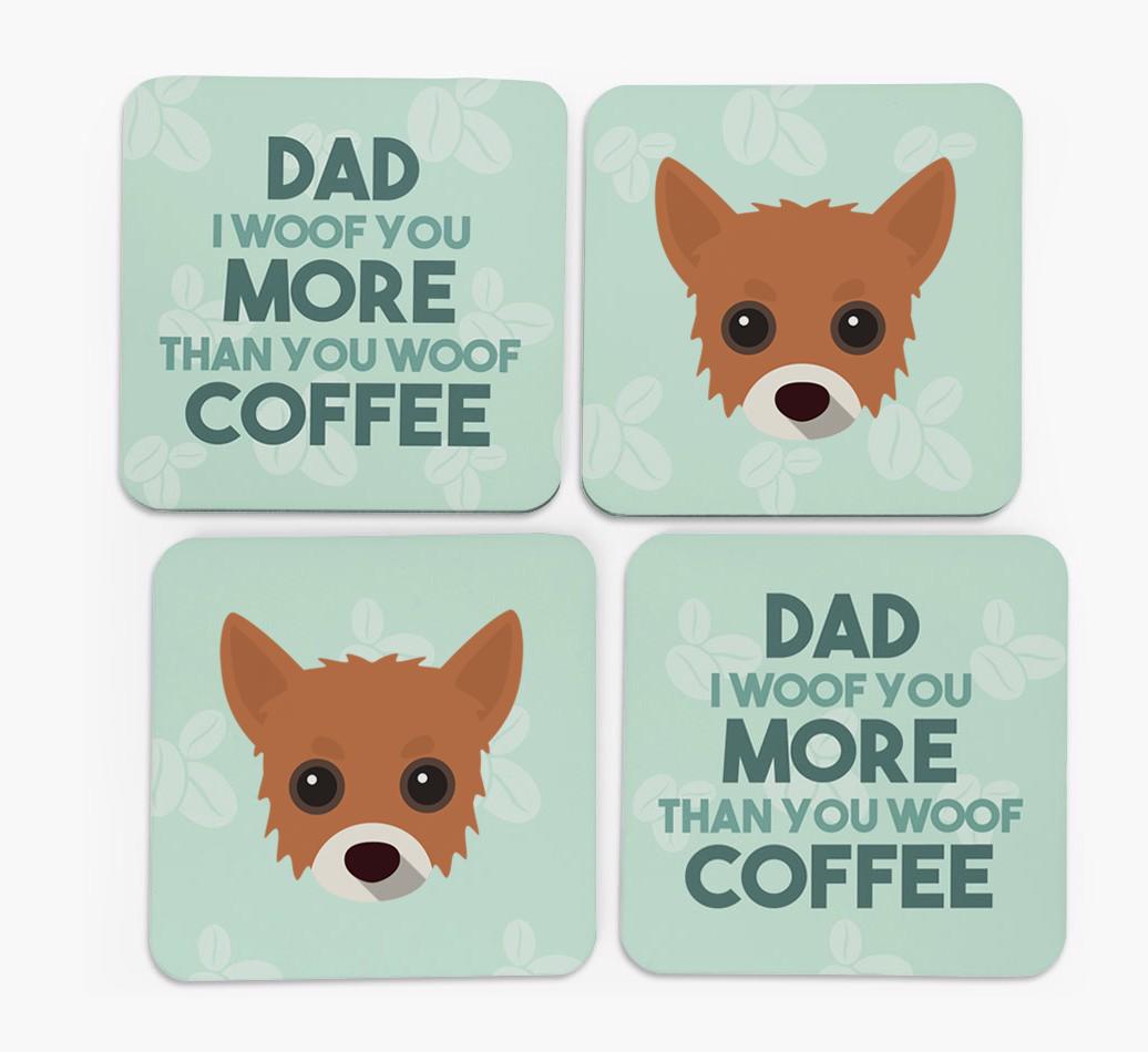'Dad I woof you more than you woof coffee' Coasters with {breedFullName} Icon