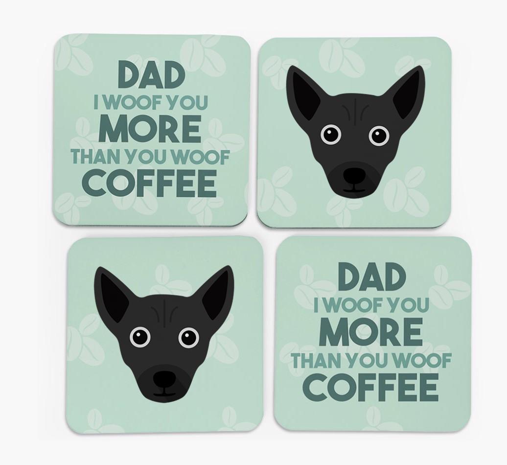 'Dad I woof you more than you woof coffee' Coasters with {breedFullName} Icon