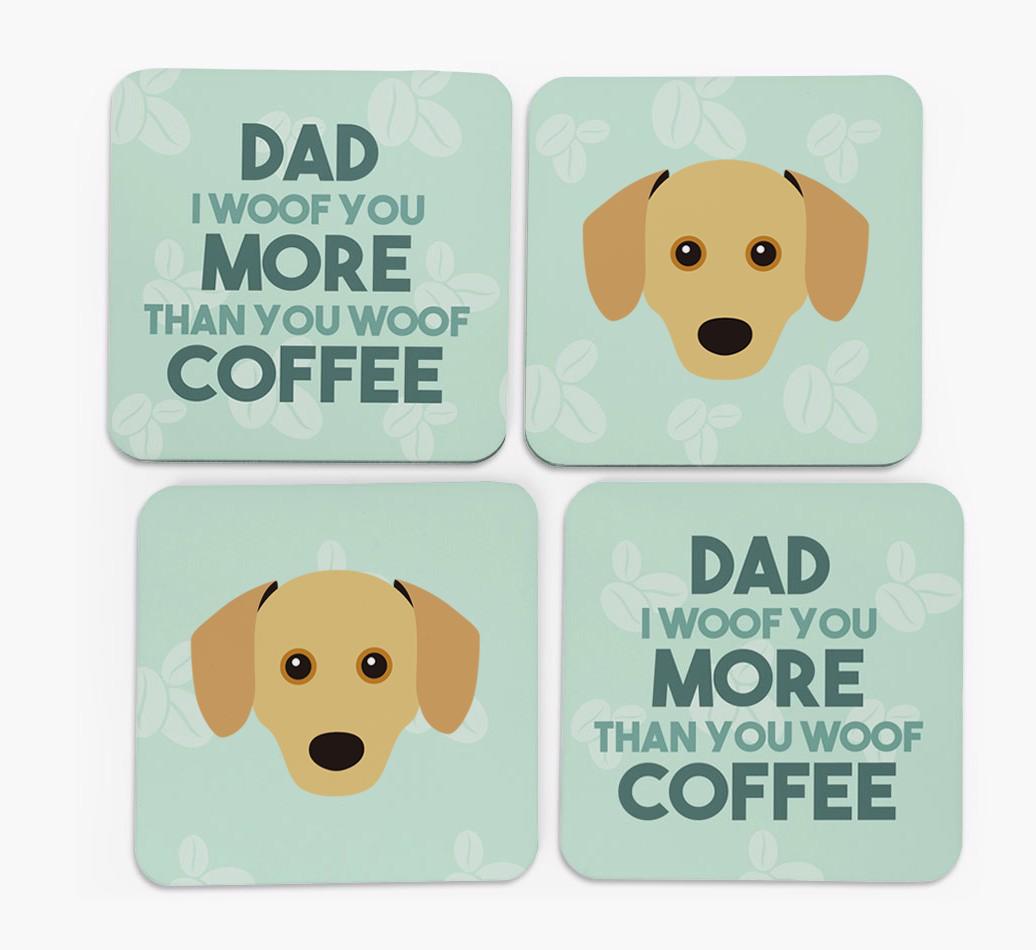'Dad I woof you more than you woof coffee' Coasters with {breedFullName} Icon