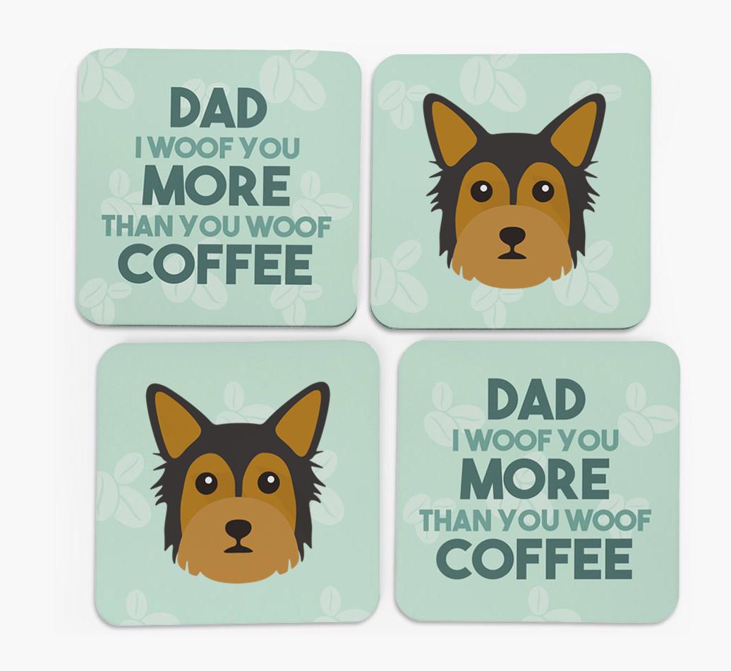 'Dad I woof you more than you woof coffee' Coasters with {breedFullName} Icon