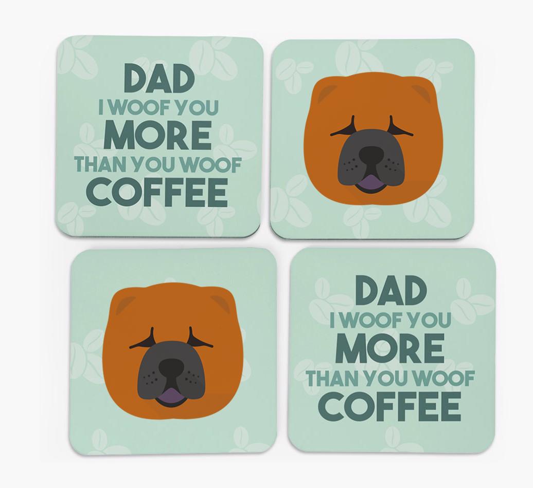 'Dad I woof you more than you woof coffee' Coasters with {breedFullName} Icon