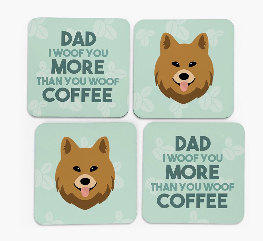 'Dad I woof you more than you woof coffee' Coasters with {breedFullName} Icon
