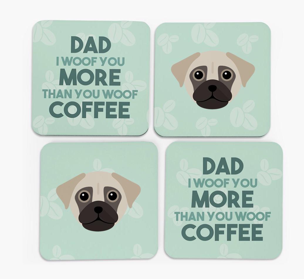 'Dad I woof you more than you woof coffee' Coasters with {breedFullName} Icon