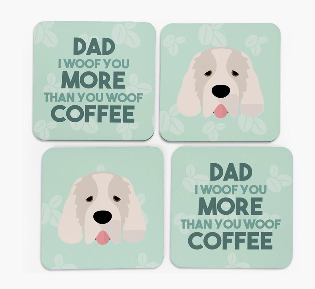 'Dad I woof you more than you woof coffee' Coasters with {breedFullName} Icon