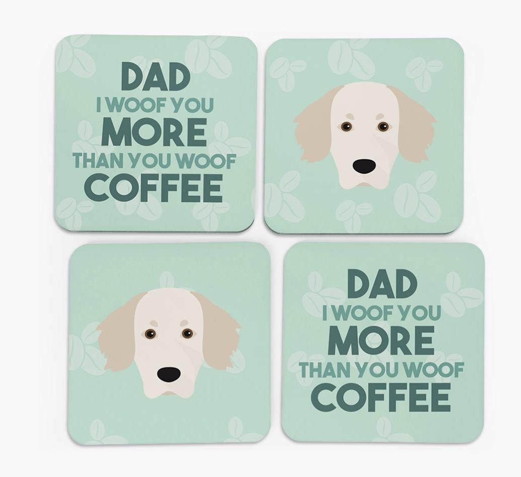 'Dad I woof you more than you woof coffee' Coasters with {breedFullName} Icon