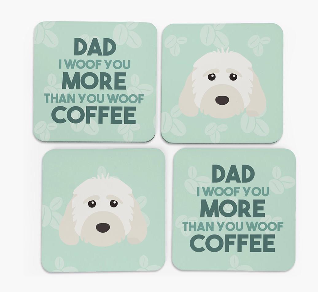 'Dad I woof you more than you woof coffee' Coasters with {breedFullName} Icon