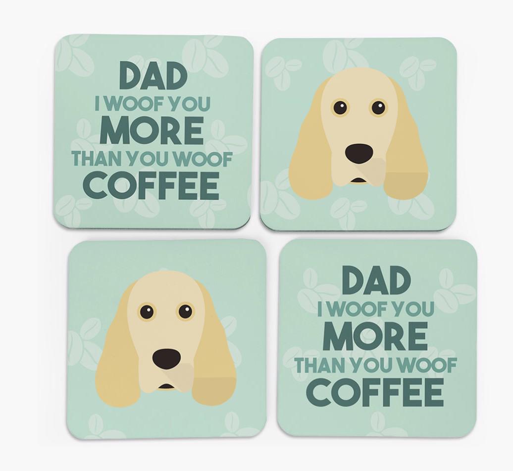 'Dad I woof you more than you woof coffee' Coasters with {breedFullName} Icon