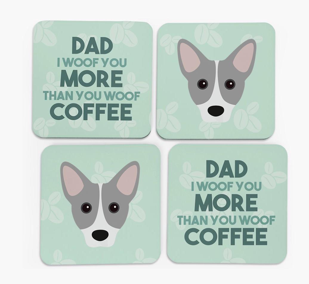'Dad I woof you more than you woof coffee' Coasters with {breedFullName} Icon