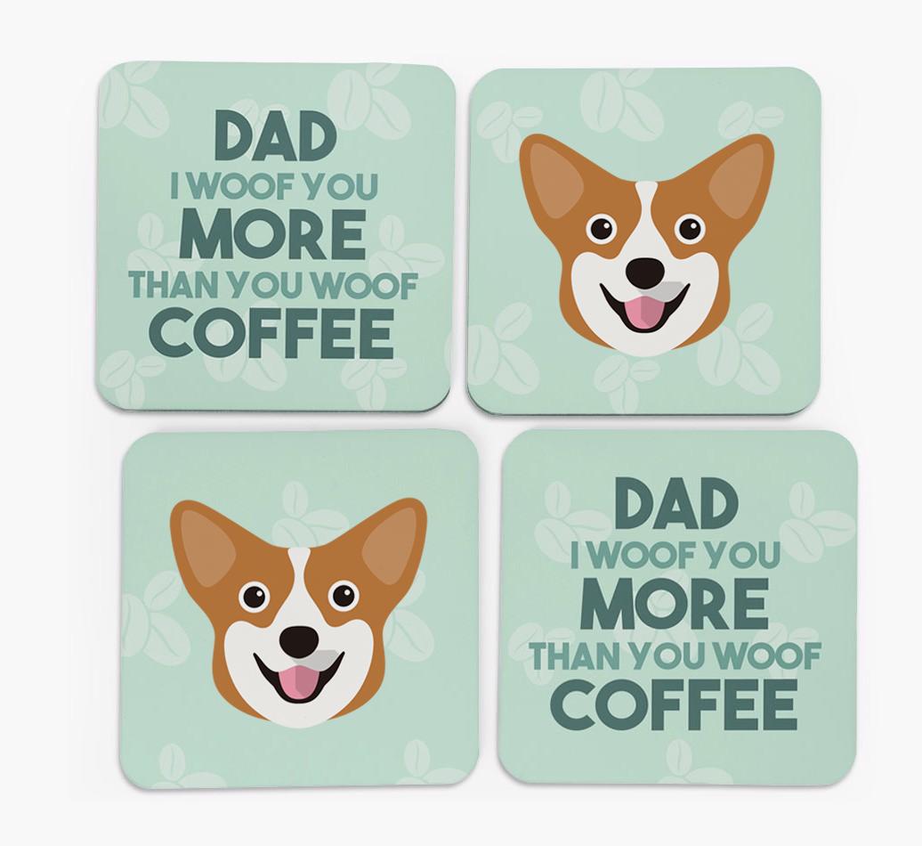'Dad I woof you more than you woof coffee' Coasters with {breedFullName} Icon