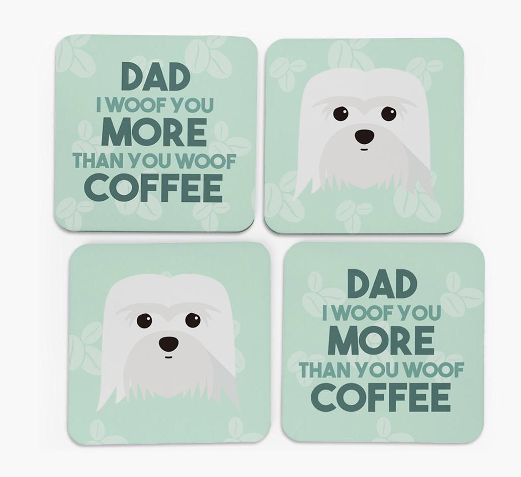 'Dad I woof you more than you woof coffee' Coasters with {breedFullName} Icon