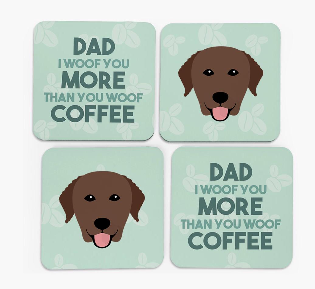 'Dad I woof you more than you woof coffee' Coasters with {breedFullName} Icon