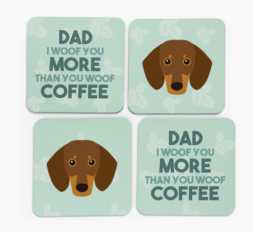 'Dad I woof you more than you woof coffee' Coasters with {breedFullName} Icon