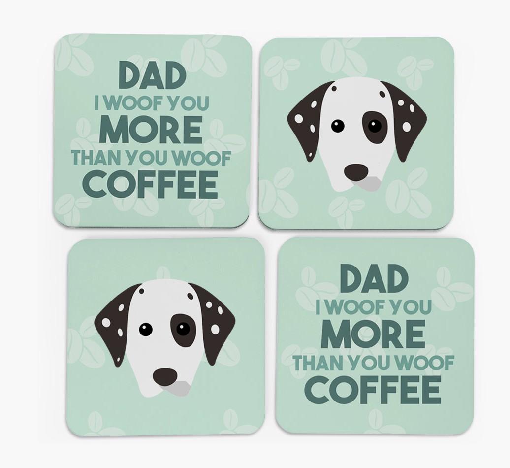 'Dad I woof you more than you woof coffee' Coasters with {breedFullName} Icon
