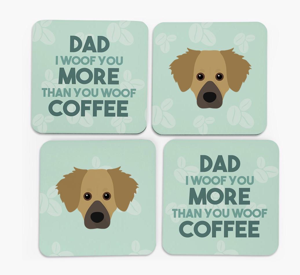'Dad I woof you more than you woof coffee' Coasters with {breedFullName} Icon