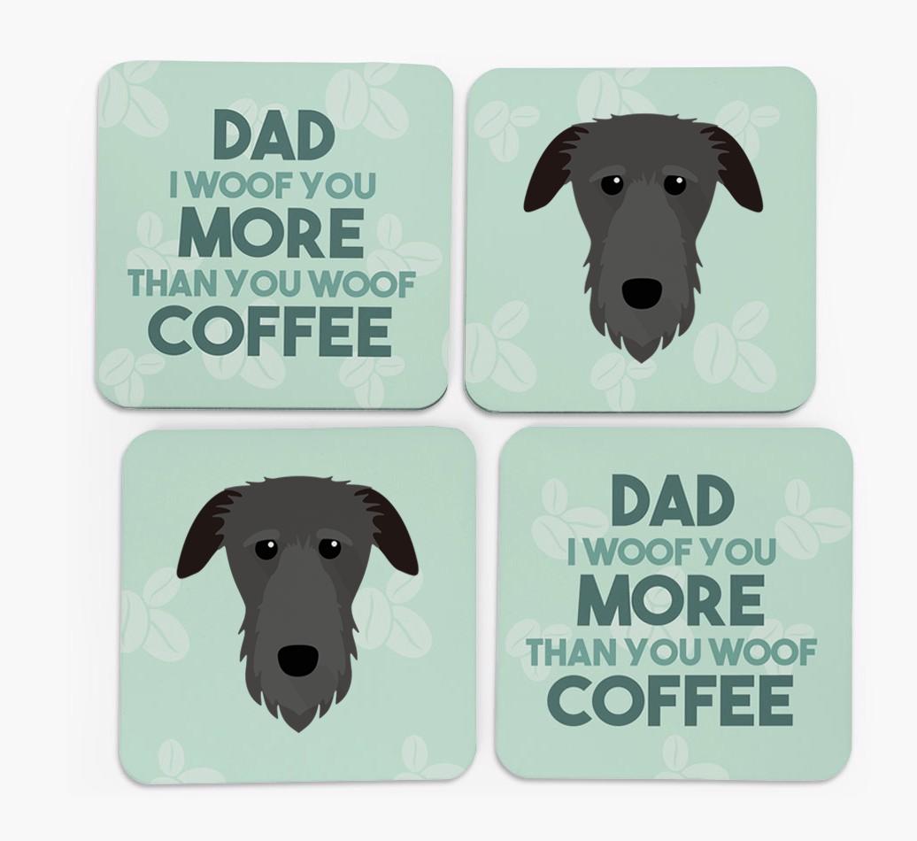 'Dad I woof you more than you woof coffee' Coasters with {breedFullName} Icon