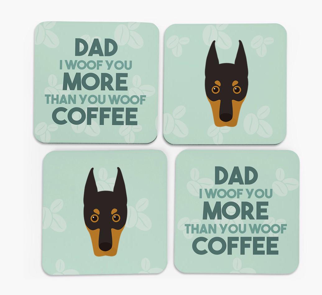 'Dad I woof you more than you woof coffee' Coasters with {breedFullName} Icon