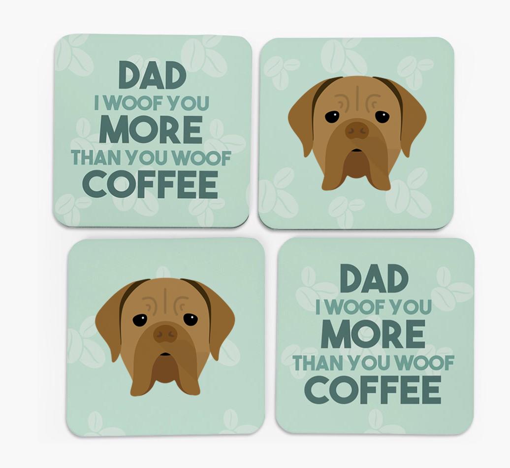 'Dad I woof you more than you woof coffee' Coasters with {breedFullName} Icon