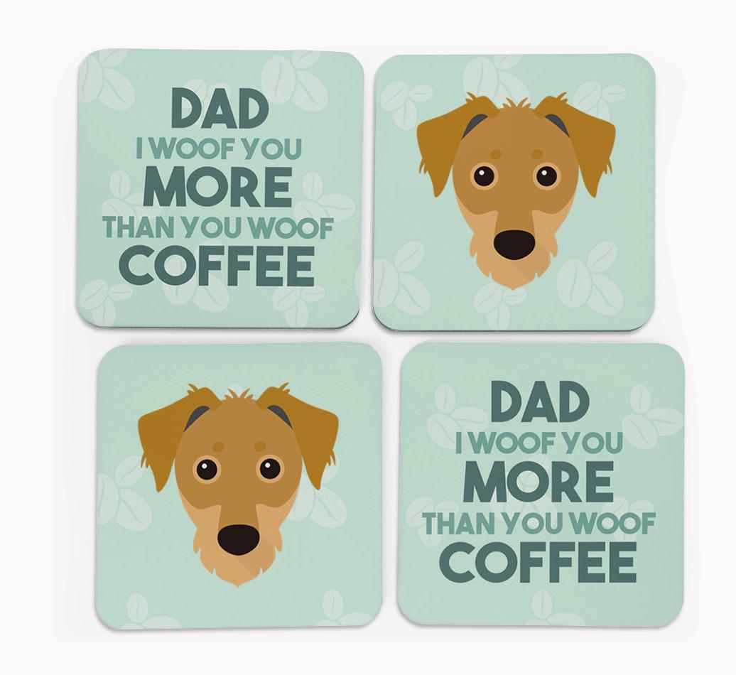 'Dad I woof you more than you woof coffee' Coasters with {breedFullName} Icon