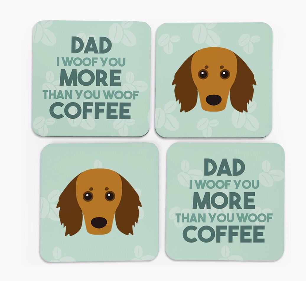 'Dad I woof you more than you woof coffee' Coasters with {breedFullName} Icon