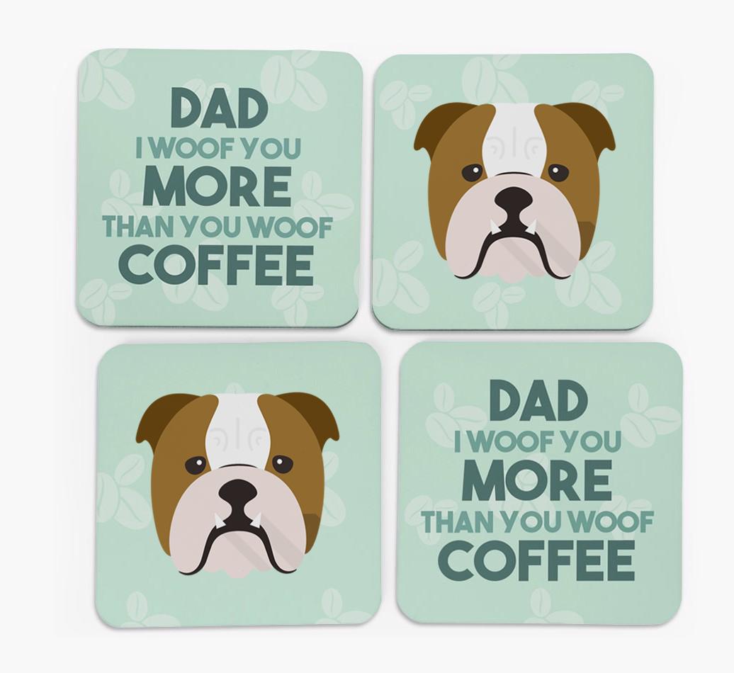 'Dad I woof you more than you woof coffee' Coasters with {breedFullName} Icon