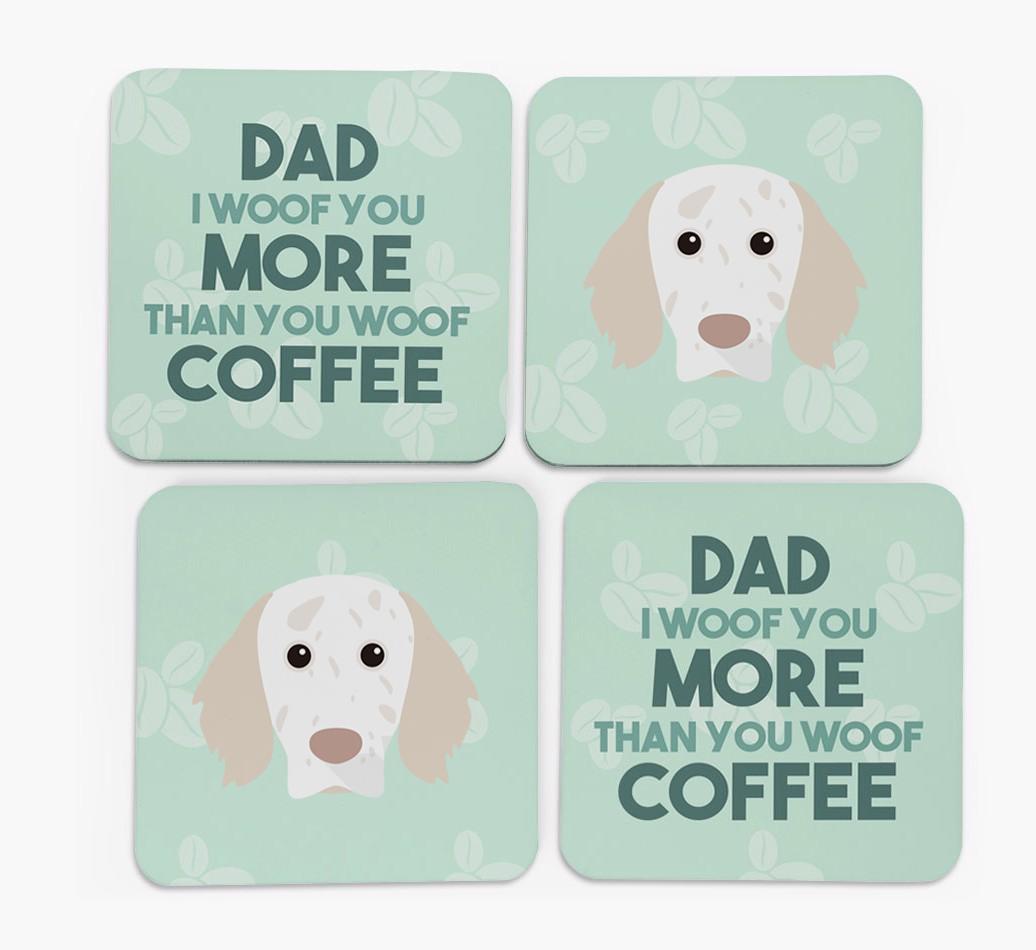 'Dad I woof you more than you woof coffee' Coasters with {breedFullName} Icon