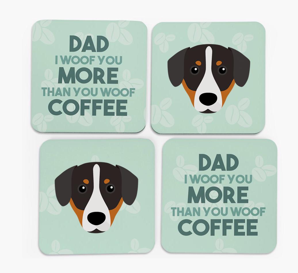 'Dad I woof you more than you woof coffee' Coasters with {breedFullName} Icon
