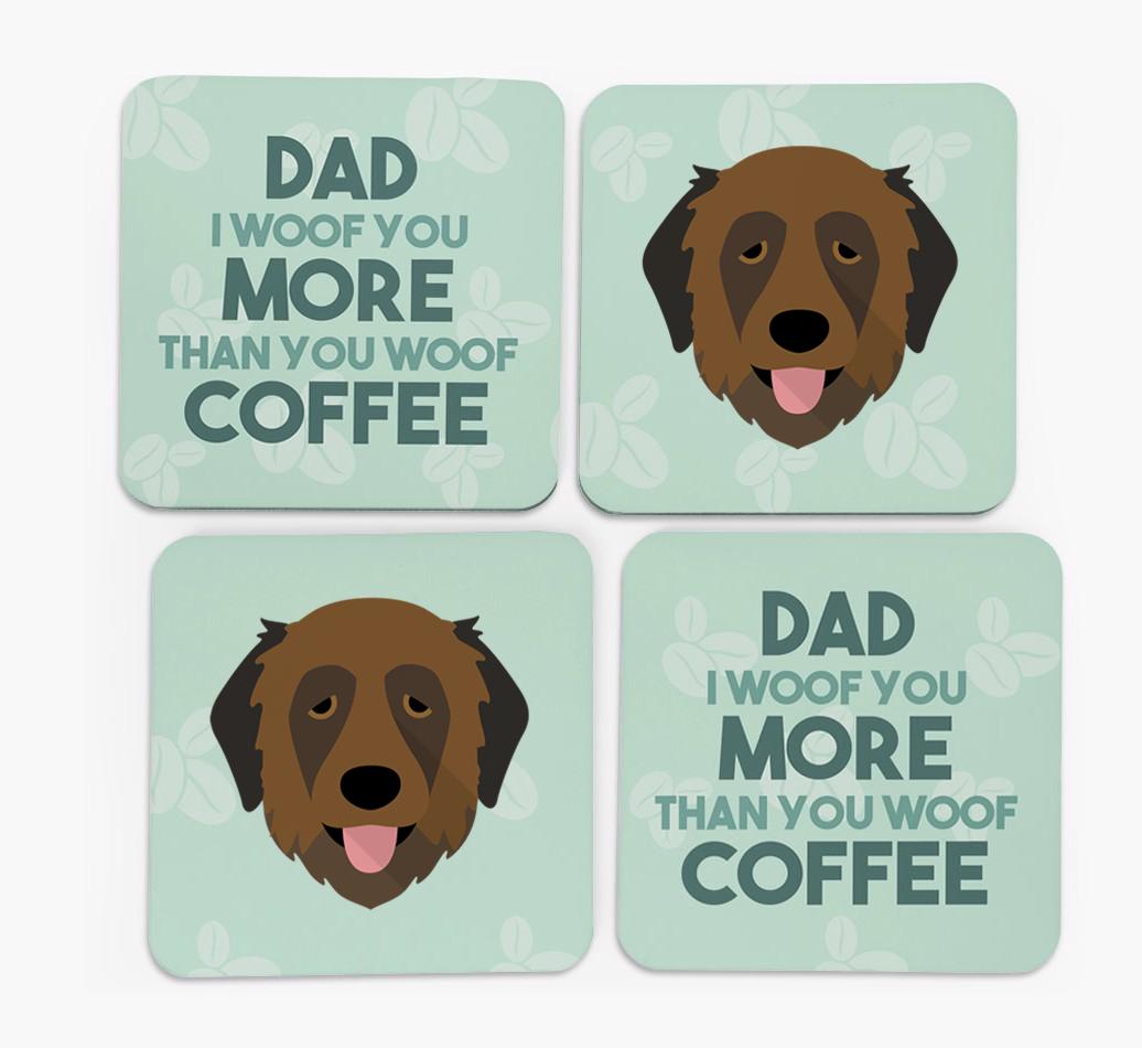 'Dad I woof you more than you woof coffee' Coasters with {breedFullName} Icon