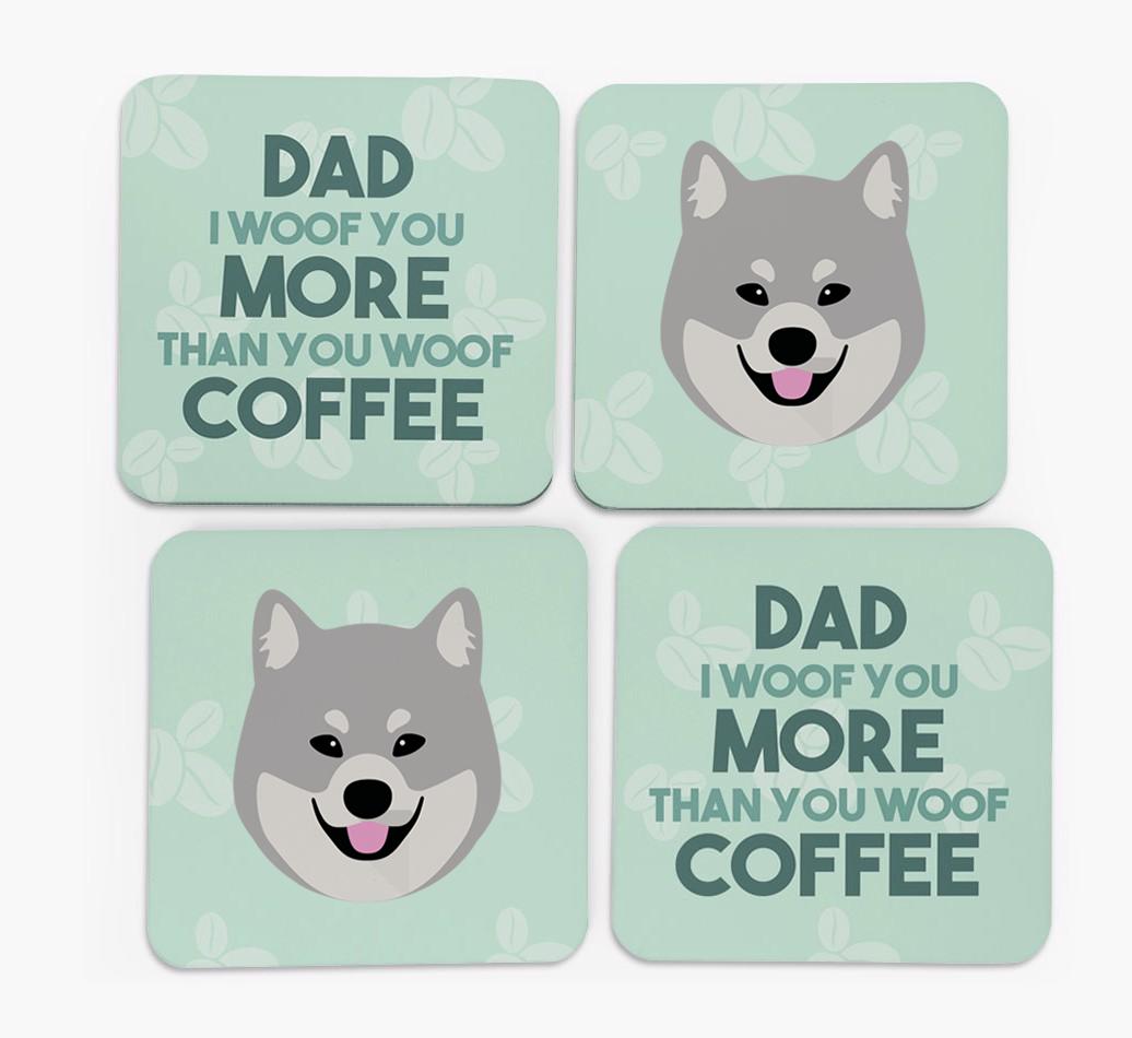 'Dad I woof you more than you woof coffee' Coasters with {breedFullName} Icon
