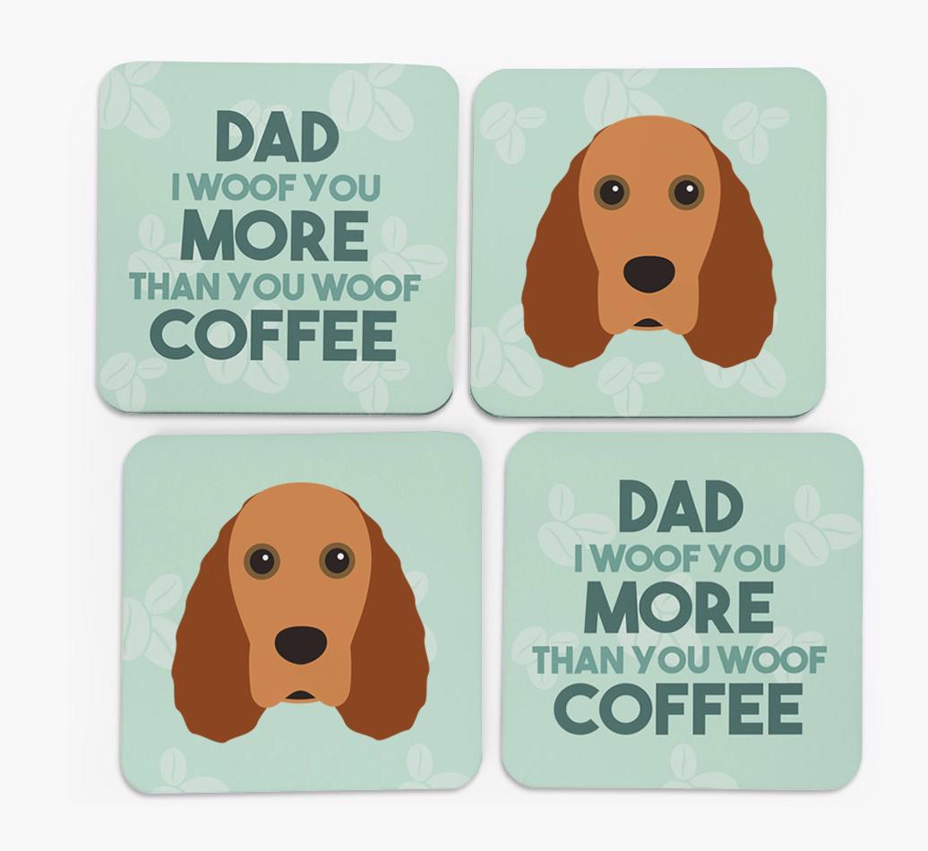 'Dad I woof you more than you woof coffee' Coasters with {breedFullName} Icon
