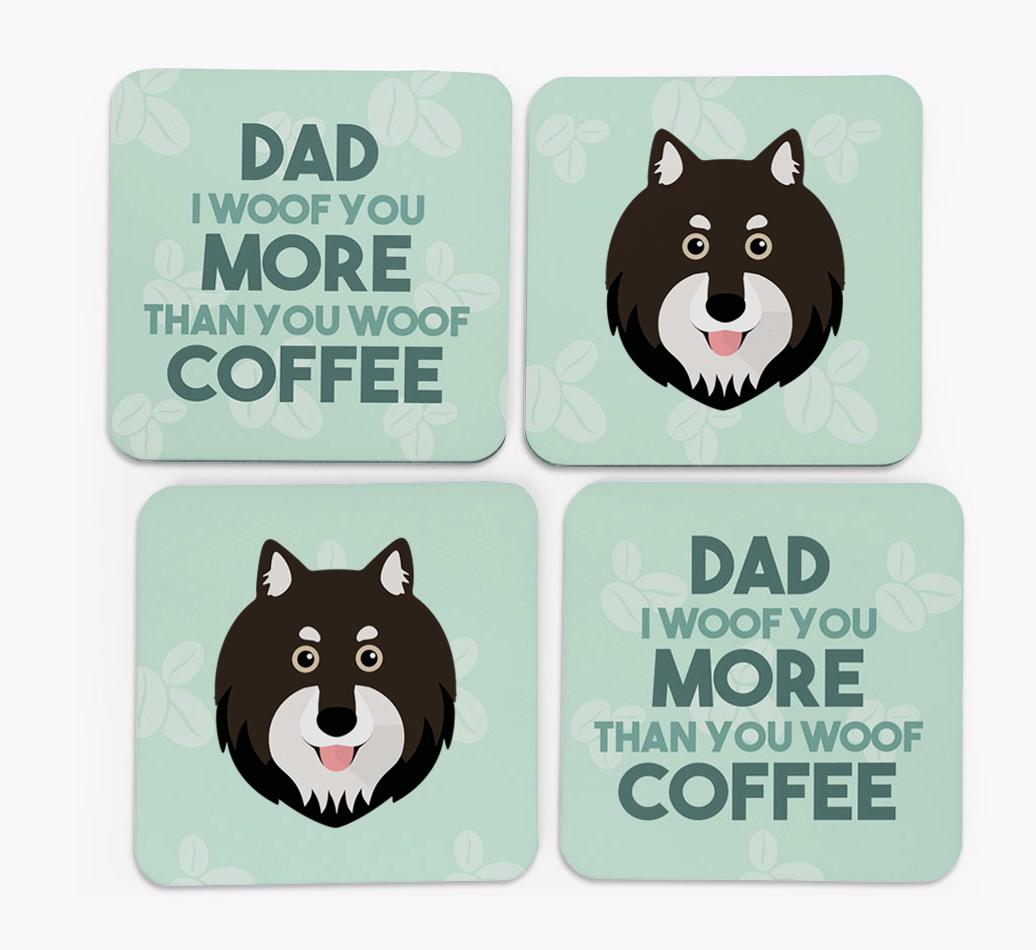 'Dad I woof you more than you woof coffee' Coasters with {breedFullName} Icon