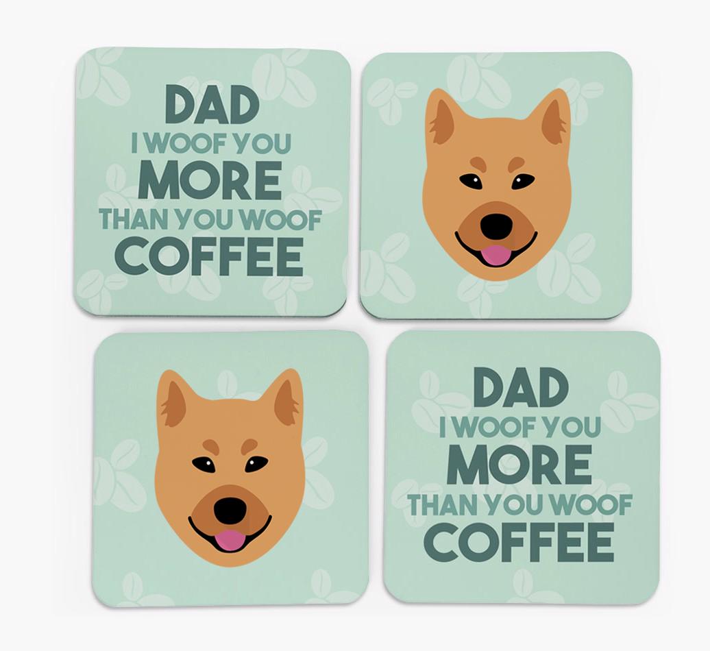 'Dad I woof you more than you woof coffee' Coasters with {breedFullName} Icon