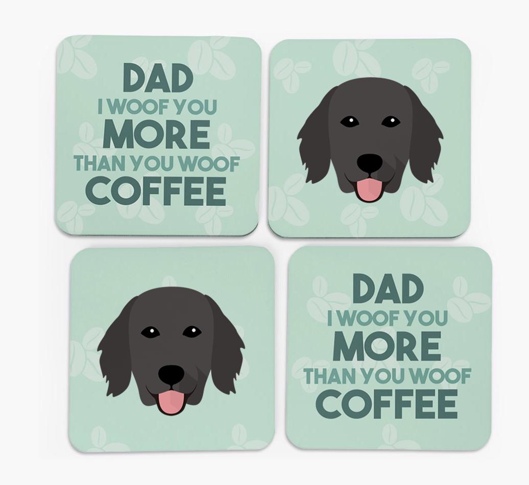 'Dad I woof you more than you woof coffee' Coasters with {breedFullName} Icon