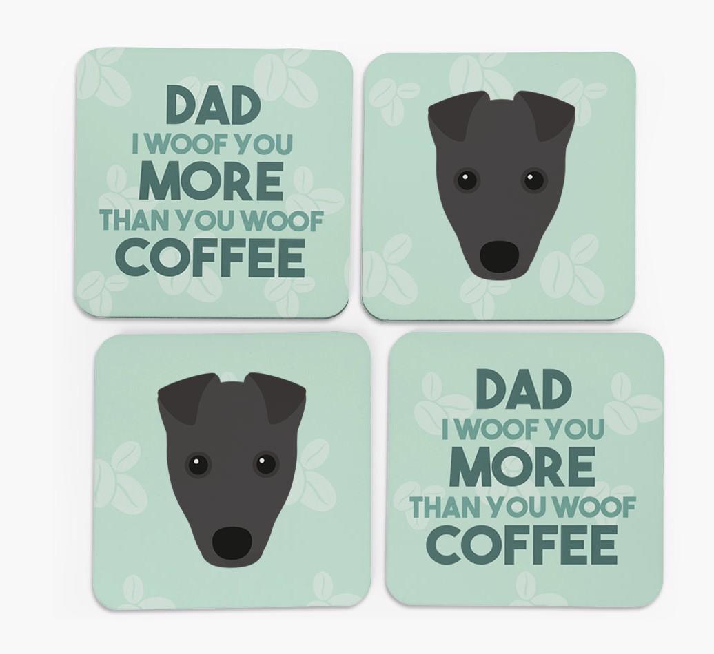 'Dad I woof you more than you woof coffee' Coasters with {breedFullName} Icon