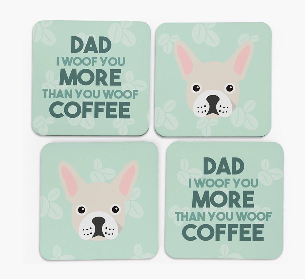 'Dad I woof you more than you woof coffee' Coasters with {breedFullName} Icon