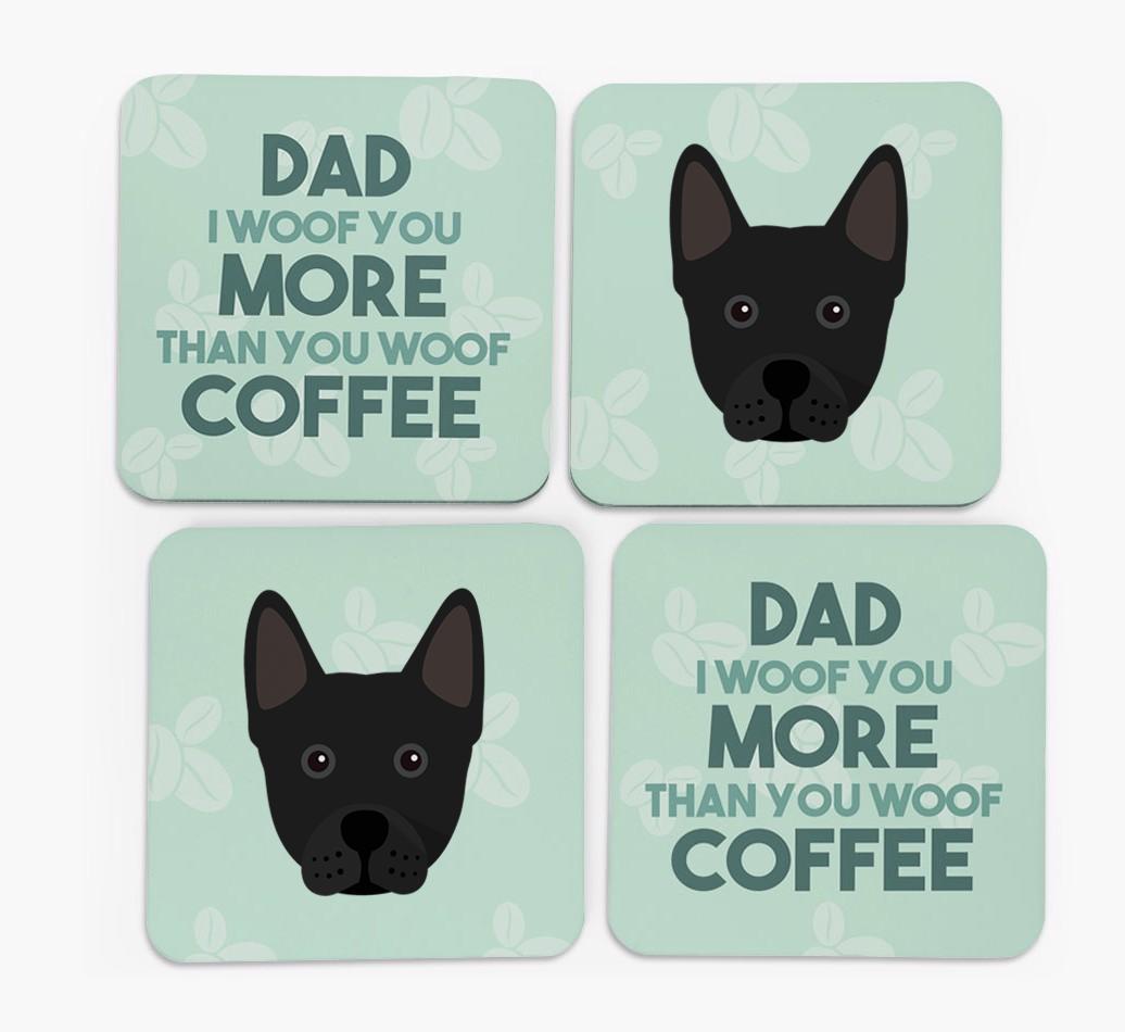 'Dad I woof you more than you woof coffee' Coasters with {breedFullName} Icon