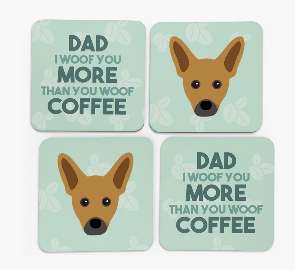 'Dad I woof you more than you woof coffee' Coasters with {breedFullName} Icon